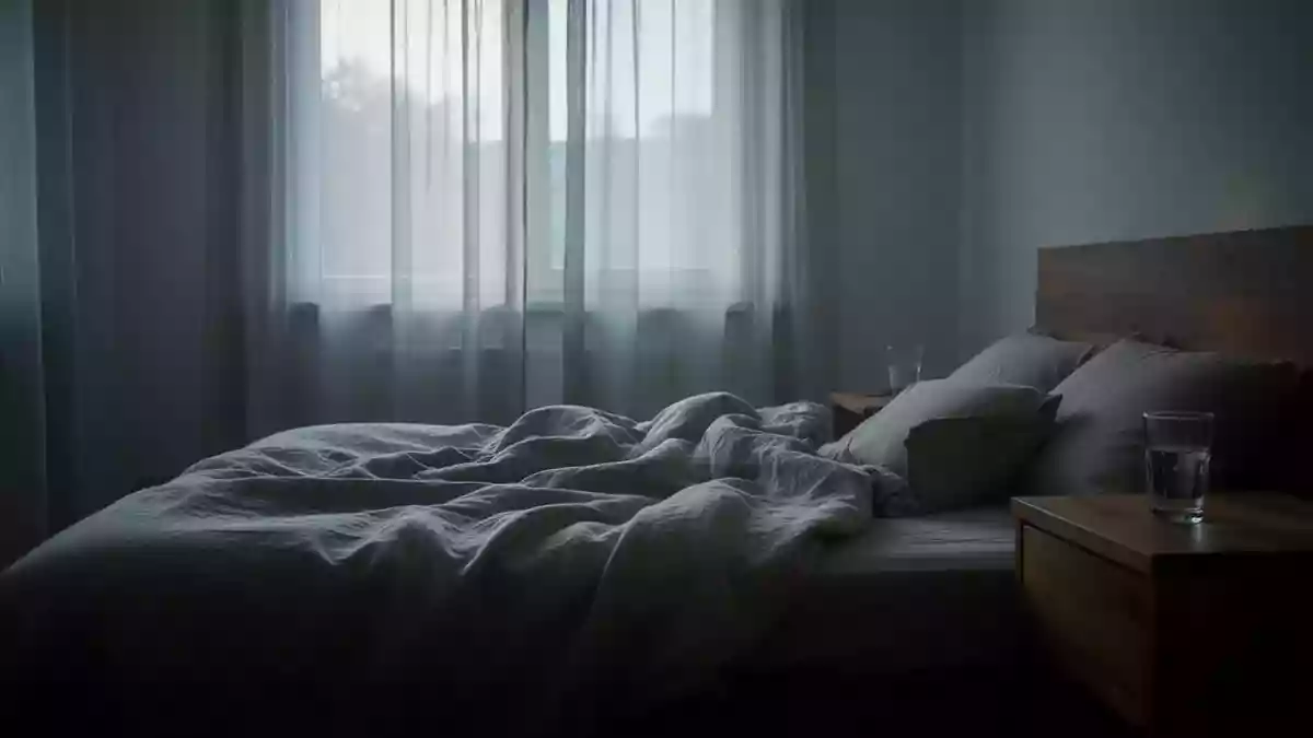 Ein ruhig gestaltetes Schlafzimmer mit weichem Tageslicht, das durch Vorhänge fällt und eine Atmosphäre der Ruhe ausstrahlt. Illustration mit AI erstellt.