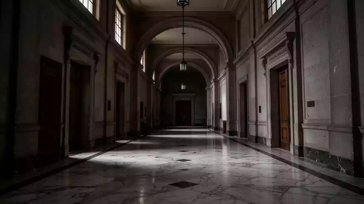Ein verlassener, karger Flur in einem historischen Verwaltungsgebäude mit Marmorböden und schummrigem Tageslicht. Illustration mit AI erstellt.
