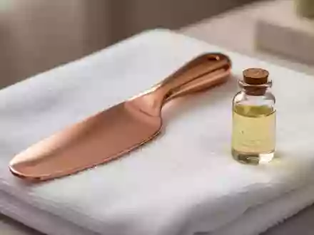 Ein glattes Kupfer-Schabewerkzeug liegt neben einem kleinen Fläschchen mit Massageöl auf einem sauberen weißen Handtuch. - Foto: über boerse-global.de