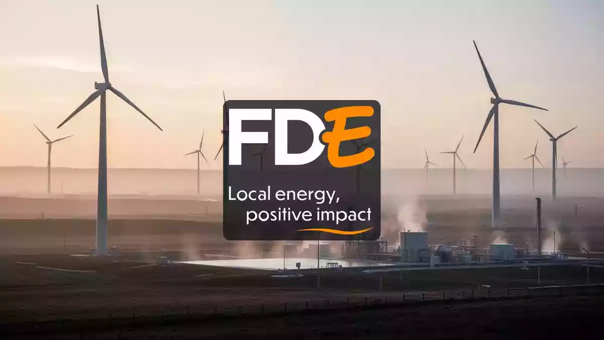 Moderne Windkraft- und Energieanlagen in einer atmosphärischen Landschaft bei Sonnenaufgang. Illustration mit AI erstellt.