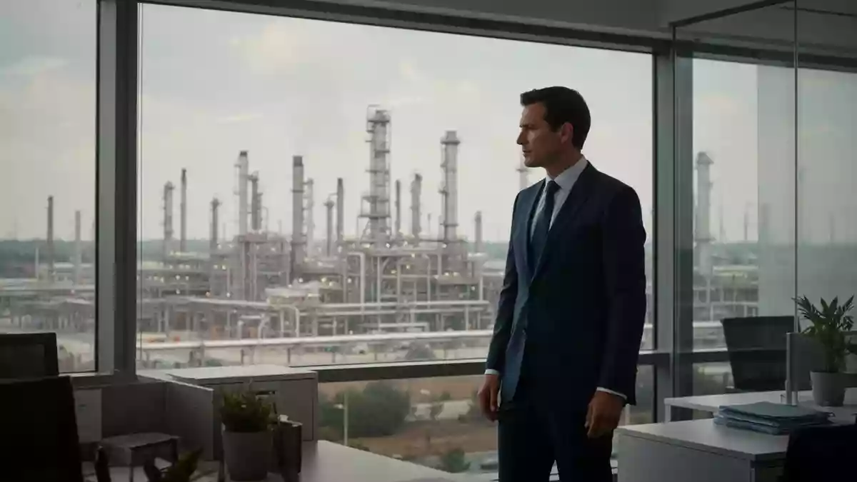 Ein Geschäftsmann steht in einem modernen Büro mit Blick auf eine Ölraffinerie im Hintergrund. Illustration mit AI erstellt.