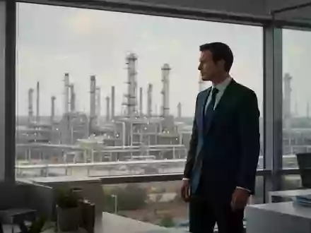 Ein Geschäftsmann steht in einem modernen Büro mit Blick auf eine Ölraffinerie im Hintergrund. - Foto: über boerse-global.de