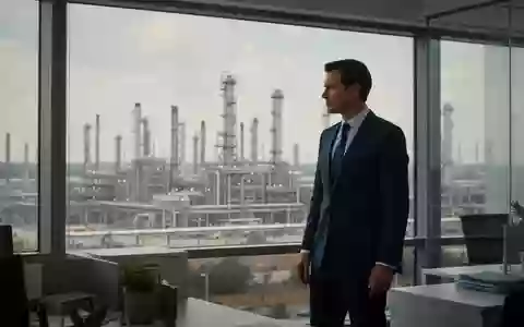 Ein Geschäftsmann steht in einem modernen Büro mit Blick auf eine Ölraffinerie im Hintergrund. - Foto: über boerse-global.de