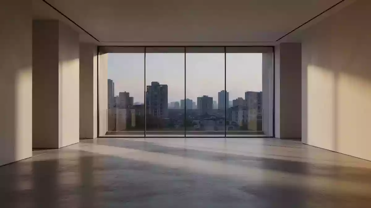 Ein minimalistischer, lichtdurchfluteter Raum mit poliertem Betonboden und Blick auf eine ruhige Skyline bei Dämmerung. Illustration mit AI erstellt.