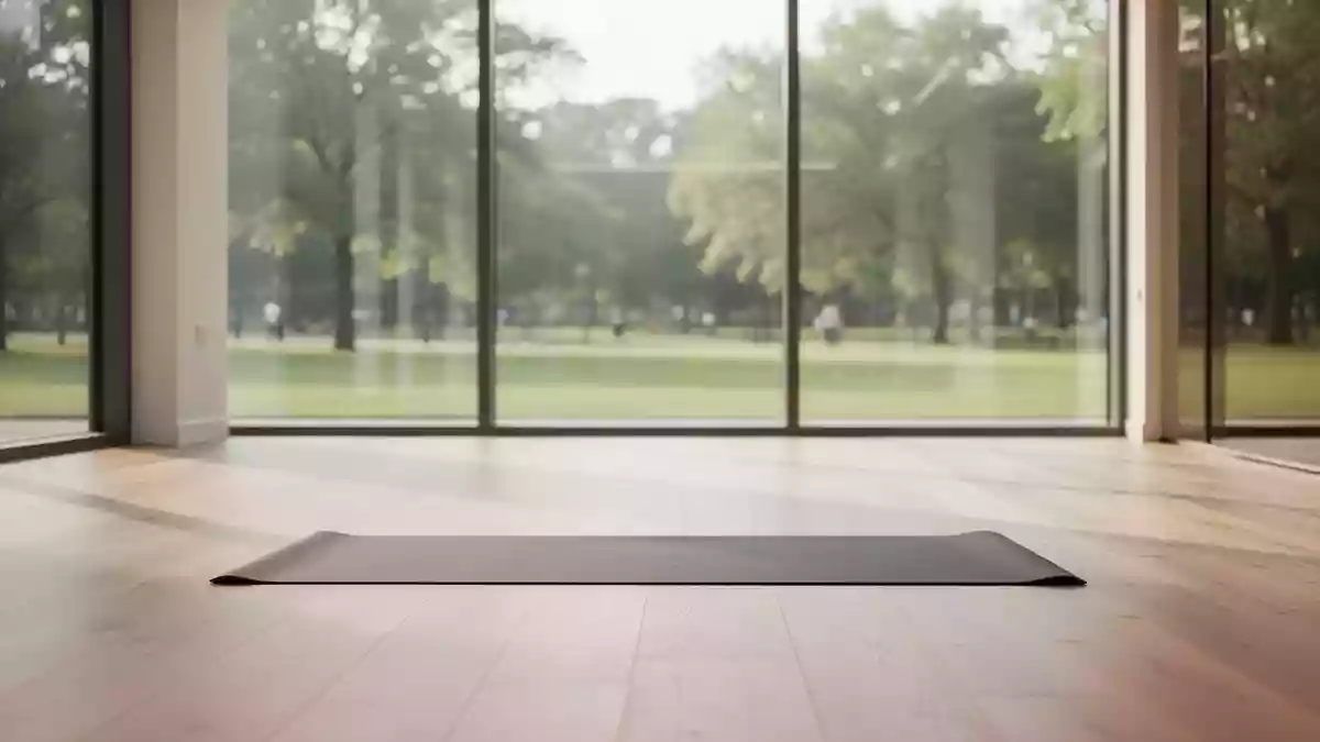 Ein heller, minimalistischer Übungsraum mit Holzboden und einer einzelnen Yogamatte in einer ruhigen Umgebung. Illustration mit AI erstellt.