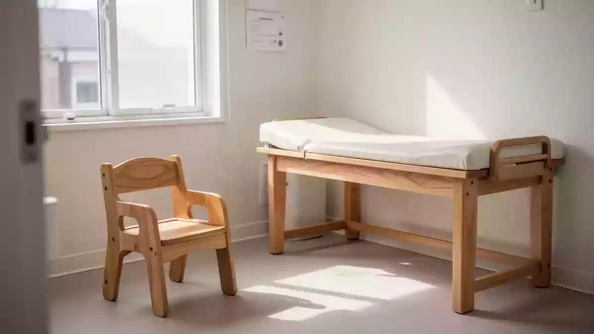 Ein heller, minimalistischer Behandlungsraum in einer Kinderarztpraxis mit einem Kinderstuhl und einer Untersuchungsliege. Illustration mit AI erstellt.
