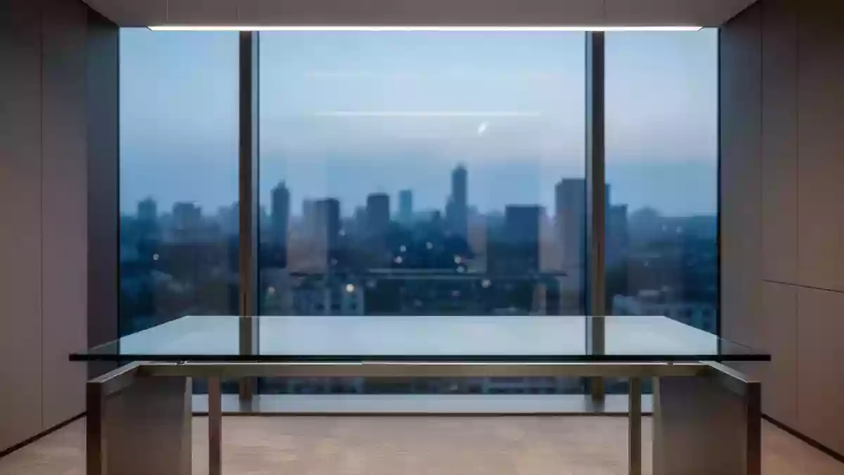 Ein minimalistischer, leerer Schreibtisch vor einem Fenster mit Blick auf eine Stadt bei Dämmerung. Illustration mit AI erstellt.