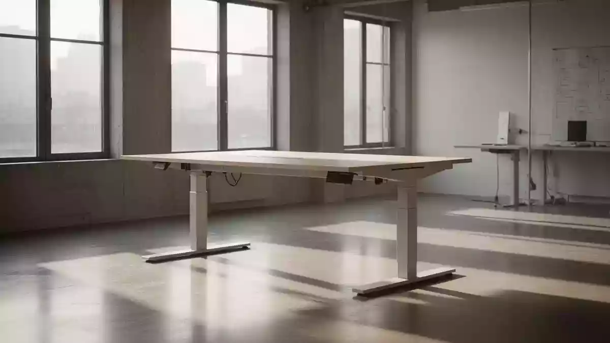 Ein leerer, höhenverstellbarer Schreibtisch in einem hellen, minimalistisch eingerichteten Büro mit Tageslichteinfall. Illustration mit AI erstellt.