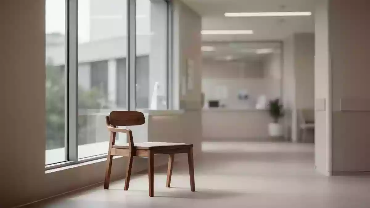 Ein ruhiger, minimalistischer Raum in einer medizinischen Einrichtung mit sanftem Tageslicht und einem einzelnen Holzstuhl. Illustration mit AI erstellt.