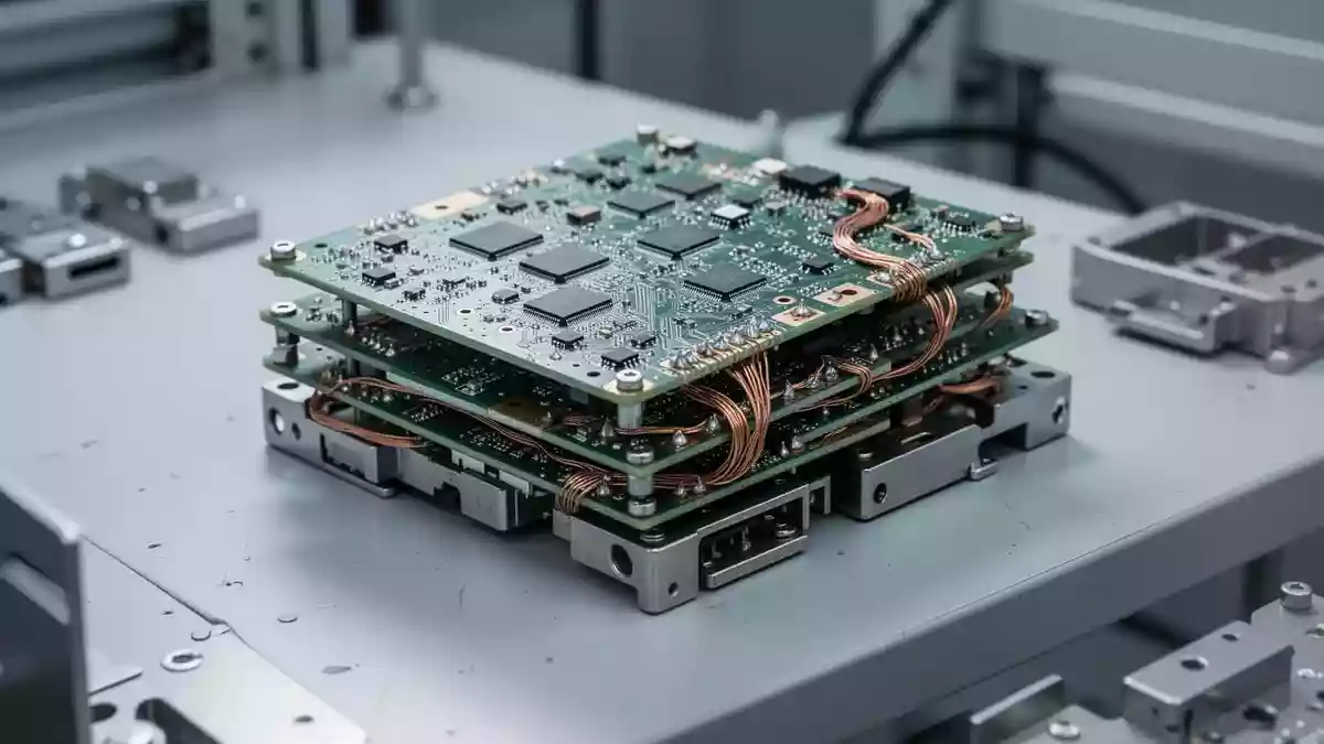 Nahaufnahme von unbestückten Leiterplatten und elektronischen Bauteilen auf einer Werkbank als Symbol für Hardware-Recycling. Illustration mit AI erstellt.
