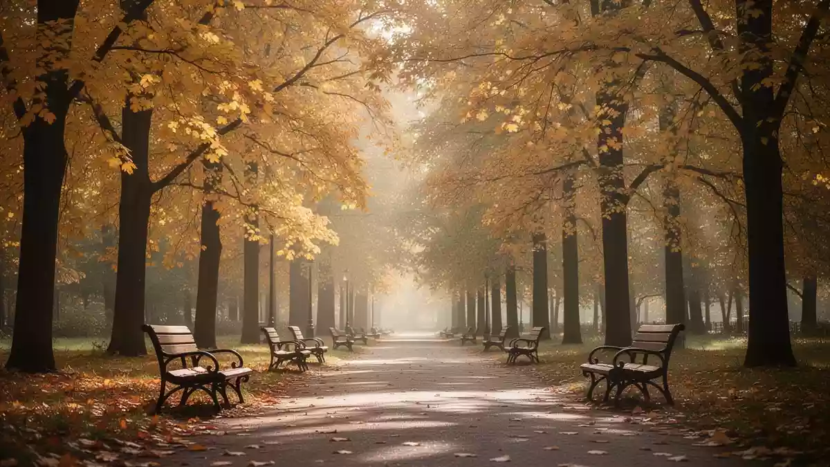Ein sonnendurchfluteter Parkweg mit herbstlichen Bäumen und leeren Holzbänken in einer ruhigen Grünanlage. Illustration mit AI erstellt.