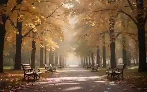 Ein sonnendurchfluteter Parkweg mit herbstlichen Bäumen und leeren Holzbänken in einer ruhigen Grünanlage. - Foto: über boerse-global.de