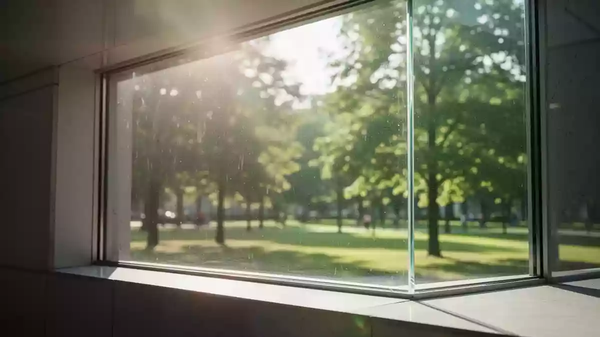 Ein Blick durch eine klare Fensterscheibe in einen sonnendurchfluteten Park am Vormittag. Illustration mit AI erstellt.