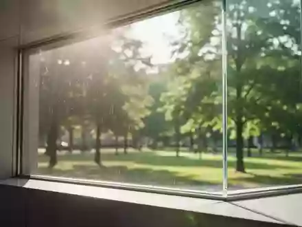Ein Blick durch eine klare Fensterscheibe in einen sonnendurchfluteten Park am Vormittag. - Foto: über boerse-global.de