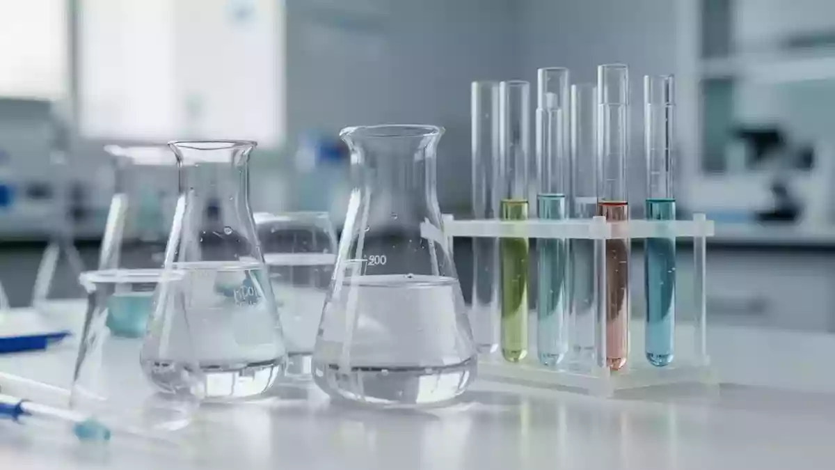 Laborausstattung mit Glasbehältern und Reagenzgläsern für chemische Analysen in einer sterilen Umgebung. Illustration mit AI erstellt.