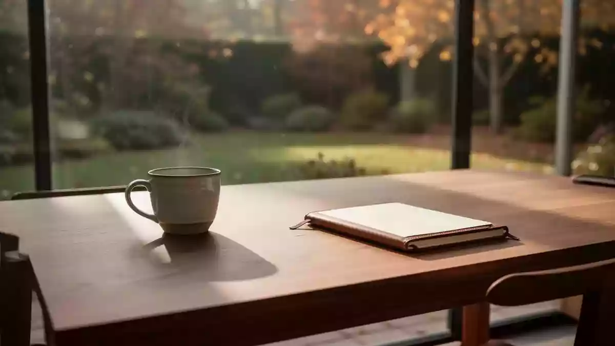Ein minimalistischer, aufgeräumter Arbeitsplatz mit einer Kaffeetasse und einem geschlossenen Notizbuch in natürlichem Tageslicht. Illustration mit AI erstellt.