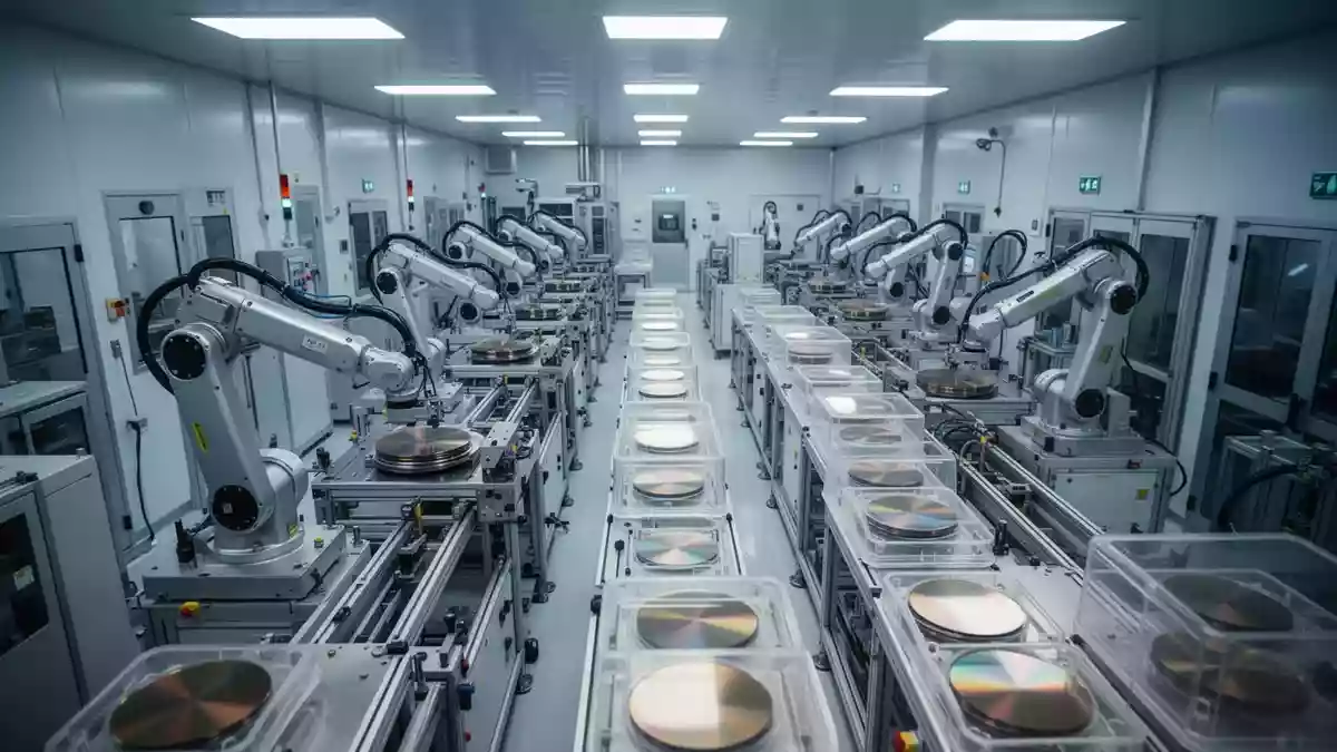 Moderne Reinraum-Umgebung in einer Halbleiter-Fertigungsanlage mit automatisierten Wafer-Transportsystemen. Illustration mit AI erstellt.