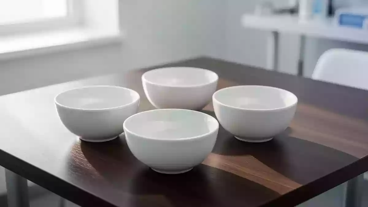 Minimalistische weiße Schalen auf einem dunklen Holztisch in einer hellen, sterilen Umgebung. Illustration mit AI erstellt.