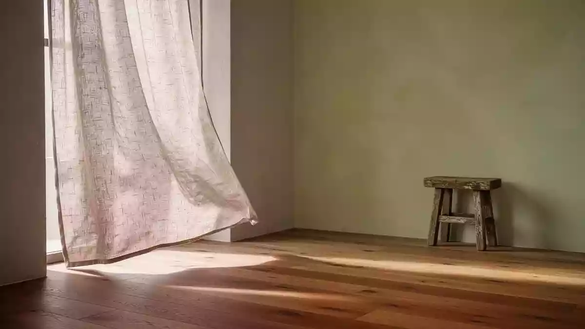 Ein minimalistisch gestalteter Raum mit hellem Holzboden, einer schlichten Leinengardine und einer strukturierten Wand in natürlichem Licht. Illustration mit AI erstellt.