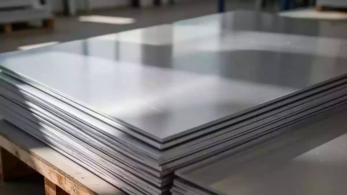 Nahaufnahme von gebürsteten, recycelten Aluminiumplatten in einer minimalistischen Werkstatt. Illustration mit AI erstellt.