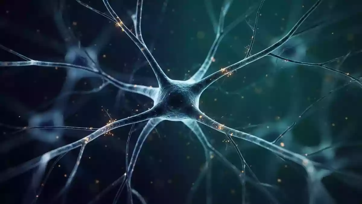Nahaufnahme von komplexen neuronalen Zellstrukturen unter einem Mikroskop als Symbol für neurologische Forschung Illustration mit AI erstellt.