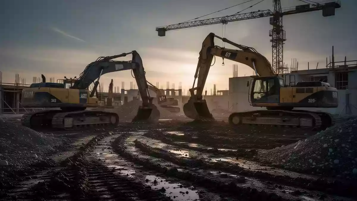 Eine verlassene Baustelle bei Dämmerung mit schweren Baumaschinen auf unebenem Gelände. Illustration mit AI erstellt.