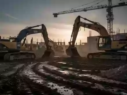 Eine verlassene Baustelle bei Dämmerung mit schweren Baumaschinen auf unebenem Gelände. - Foto: über boerse-global.de