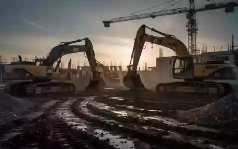 Eine verlassene Baustelle bei Dämmerung mit schweren Baumaschinen auf unebenem Gelände. - Foto: über boerse-global.de