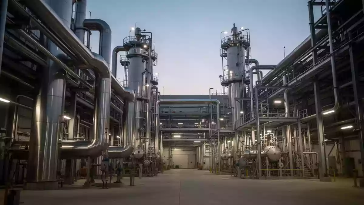 Moderne industrielle Anlage mit großen Rohrleitungen und chemischen Verarbeitungstürmen in der Dämmerung. Illustration mit AI erstellt.