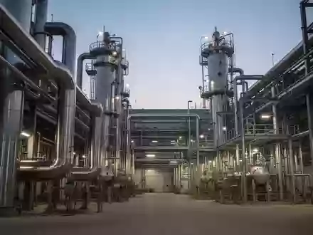 Moderne industrielle Anlage mit großen Rohrleitungen und chemischen Verarbeitungstürmen in der Dämmerung. - Foto: über boerse-global.de