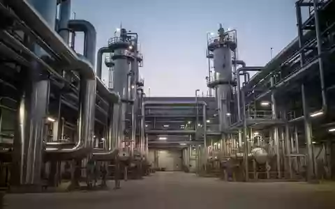 Moderne industrielle Anlage mit großen Rohrleitungen und chemischen Verarbeitungstürmen in der Dämmerung. - Foto: über boerse-global.de