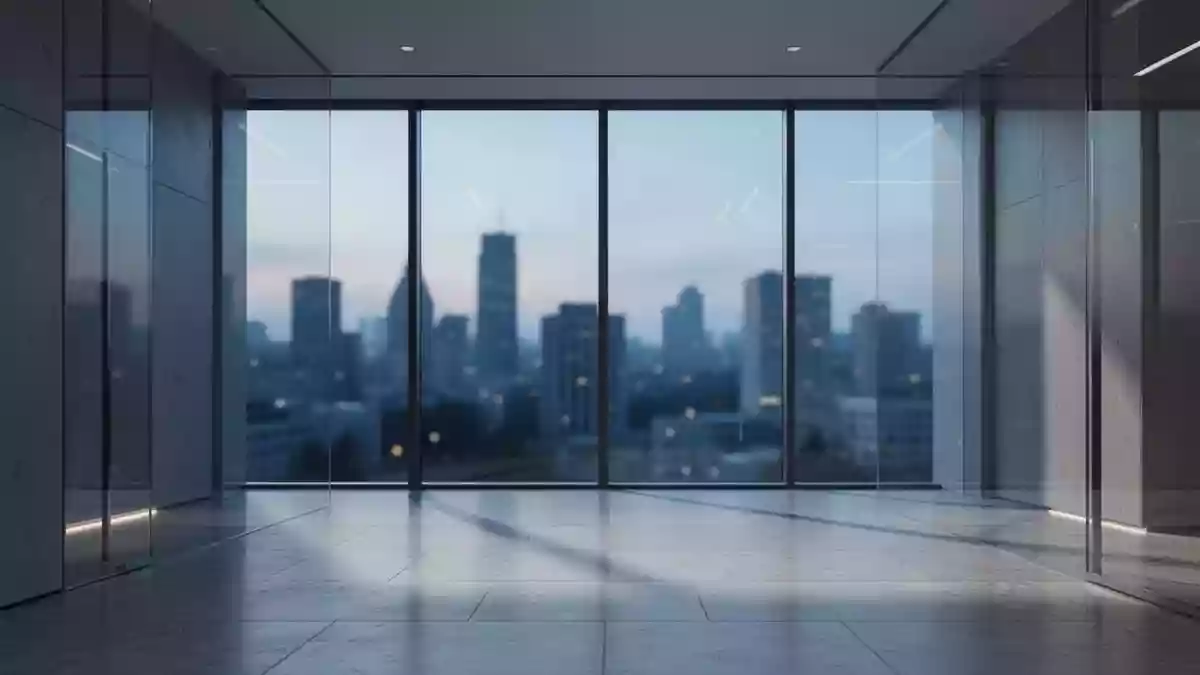 Ein minimalistisches, modernes Bürogebäude mit großen Glasfronten und Blick auf eine Stadt bei Dämmerung. Illustration mit AI erstellt.