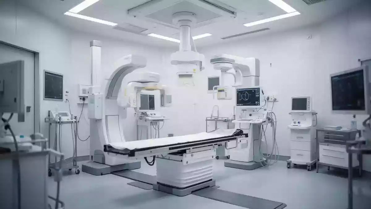 Ein klinischer Behandlungsraum mit medizinischer Bildgebungstechnik in einer sterilen, professionellen Umgebung. Illustration mit AI erstellt.