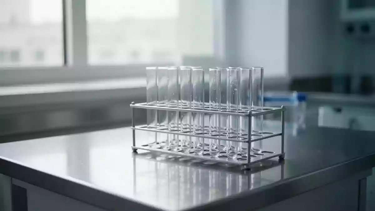 Leere Reagenzgläser in einem sterilen, hellen medizinischen Labor zur Diagnostik. Illustration mit AI erstellt.