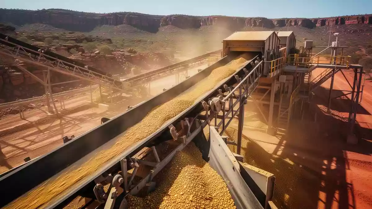 Industrielle Förderanlage in einer Goldmine bei Betrieb während des Tageslichts. Illustration mit AI erstellt.