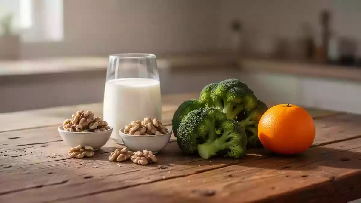 Frische Lebensmittel wie Milch, Brokkoli, Nüsse und Obst auf einem Holztisch als Symbol für eine gesunde Ernährung. Illustration mit AI erstellt.