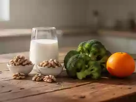 Frische Lebensmittel wie Milch, Brokkoli, Nüsse und Obst auf einem Holztisch als Symbol für eine gesunde Ernährung. - Foto: über boerse-global.de