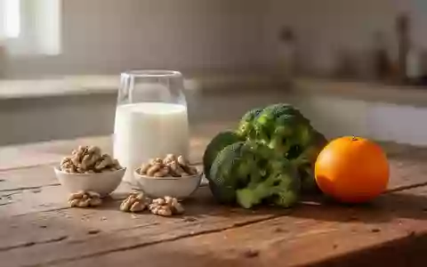 Frische Lebensmittel wie Milch, Brokkoli, Nüsse und Obst auf einem Holztisch als Symbol für eine gesunde Ernährung. - Foto: über boerse-global.de