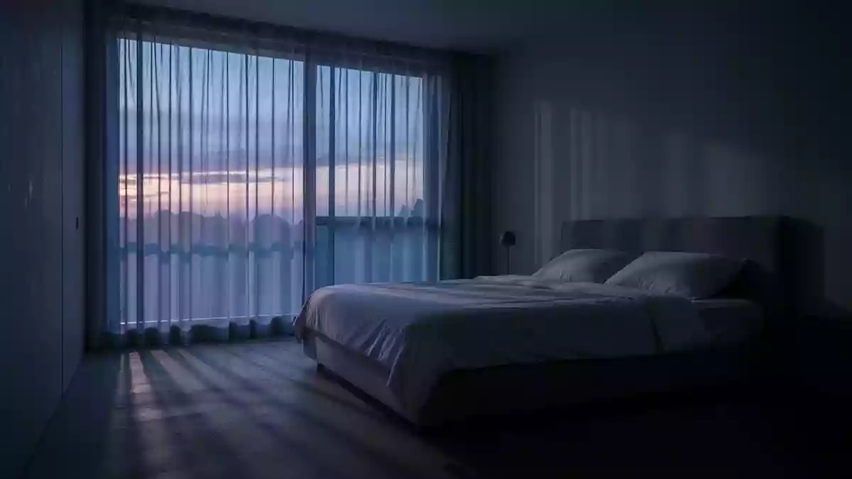 Ein minimalistisch eingerichtetes Schlafzimmer in den frühen Morgenstunden mit sanftem, durch Vorhänge fallendem Licht. Illustration mit AI erstellt.