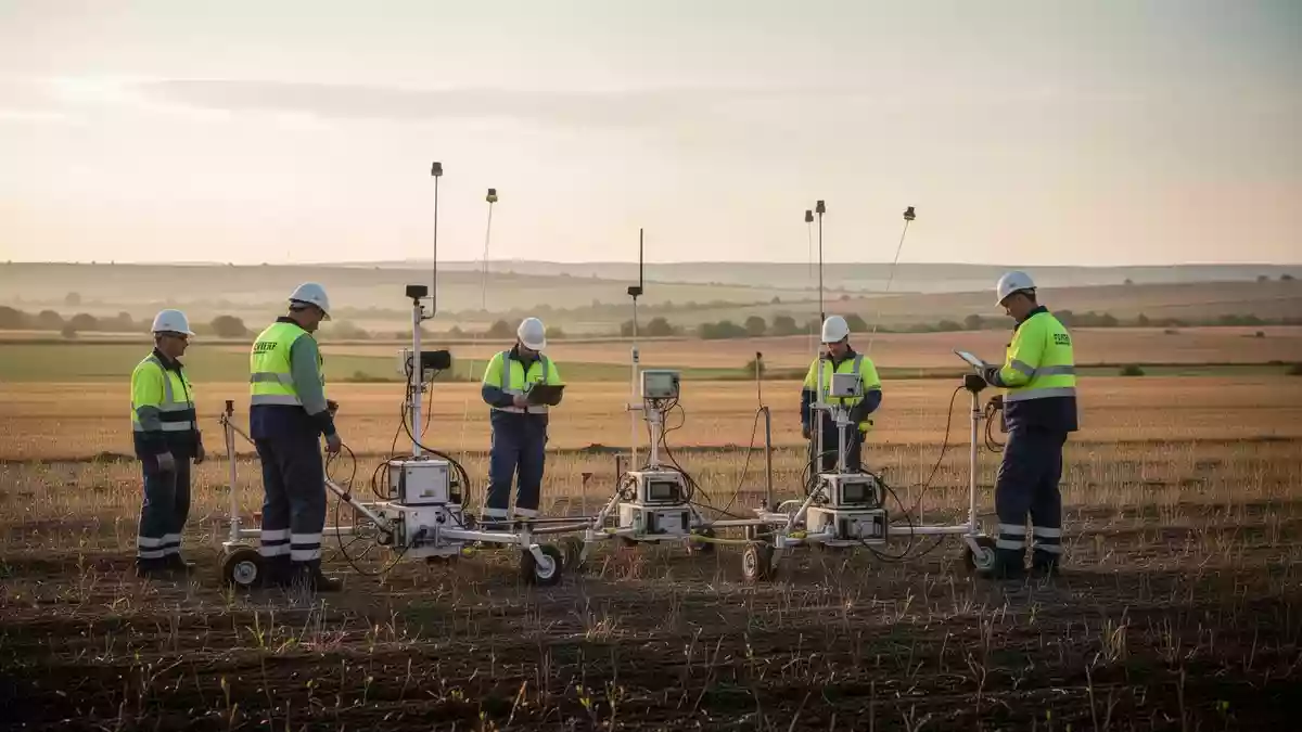 Ein professionelles Team führt seismische Messungen in einem weitläufigen Feld durch, um geologische Daten zu erfassen. Illustration mit AI erstellt.