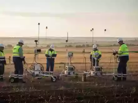 Ein professionelles Team führt seismische Messungen in einem weitläufigen Feld durch, um geologische Daten zu erfassen. - Foto: über boerse-global.de
