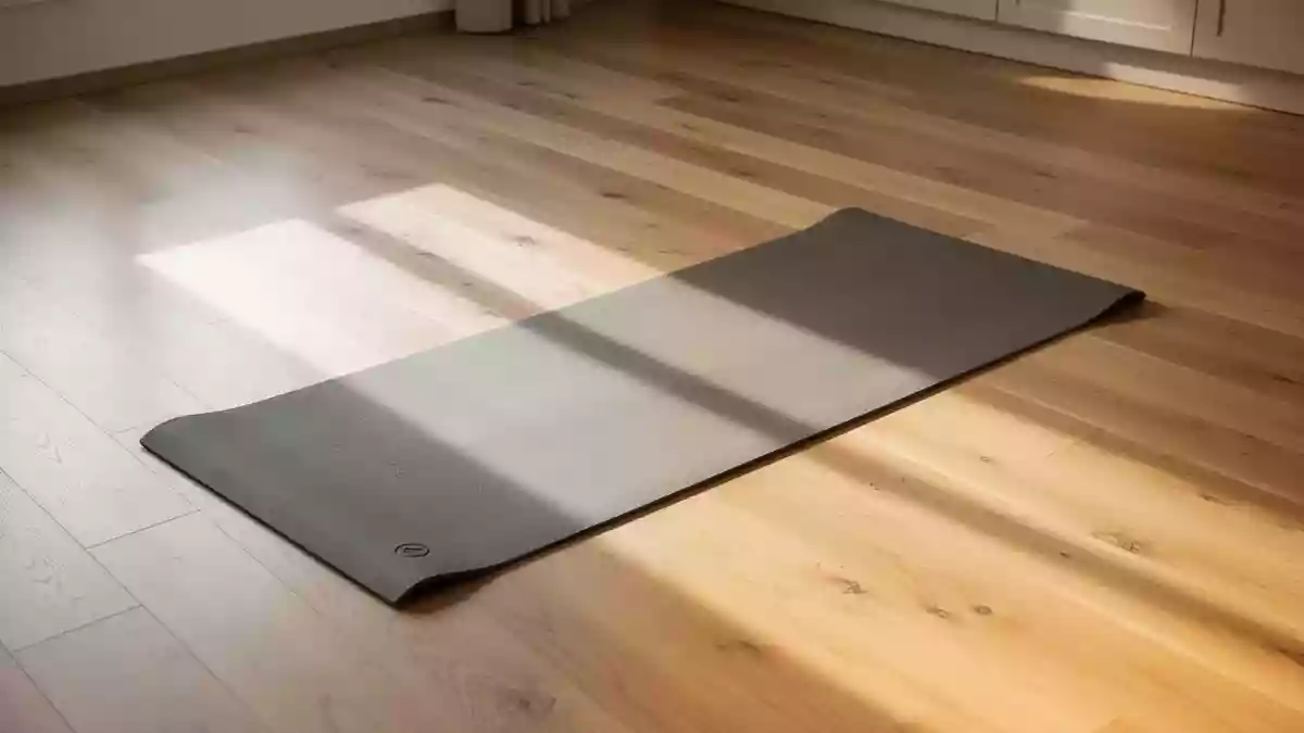 Eine leere Yogamatte auf einem hellen Holzboden in einem lichtdurchfluteten Raum. Illustration mit AI erstellt.