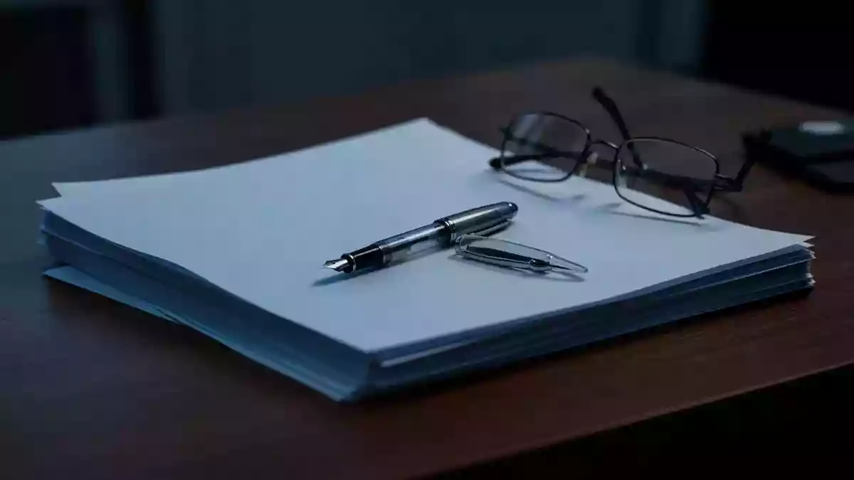 Symbolbild: Papierstapel, Füller und Brille auf dem Schreibtisch Illustration mit AI erstellt.