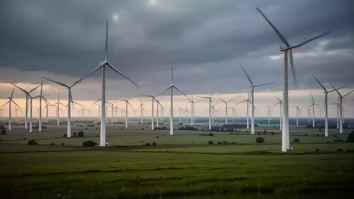 Weites Windkraftfeld unter einem bewölkten Himmel, das die großflächige Stromerzeugung durch erneuerbare Energien symbolisiert. Illustration mit AI erstellt.