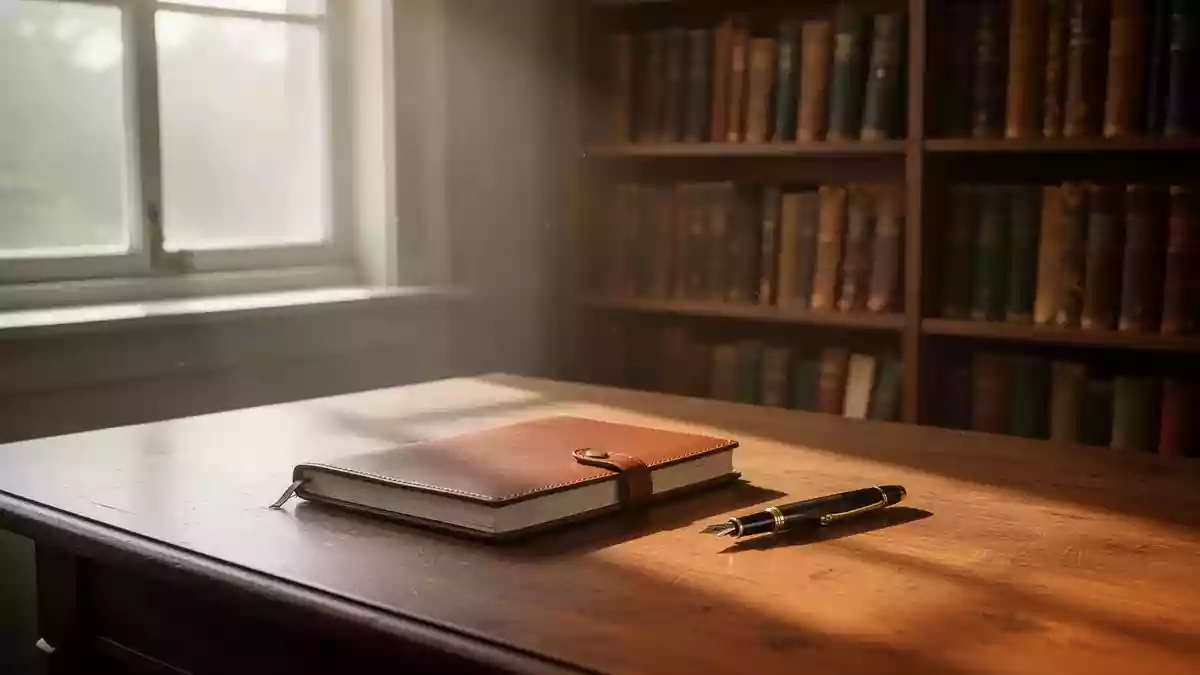 Ein ruhiger Schreibtisch mit einem Notizbuch und einem Füllfederhalter vor einem Bücherregal in natürlichem Sonnenlicht. Illustration mit AI erstellt.