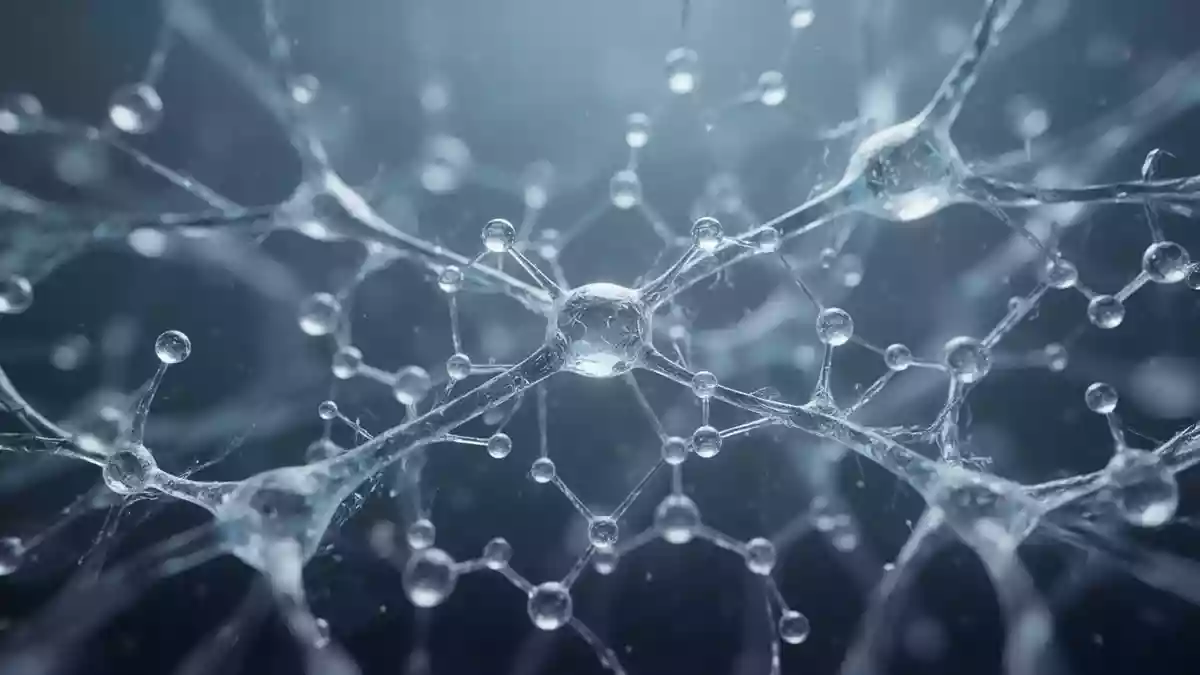Abstrakte Darstellung molekularer Strukturen und neuronaler Netzwerke durch kristalline Formen in kühlem Licht. Illustration mit AI erstellt.