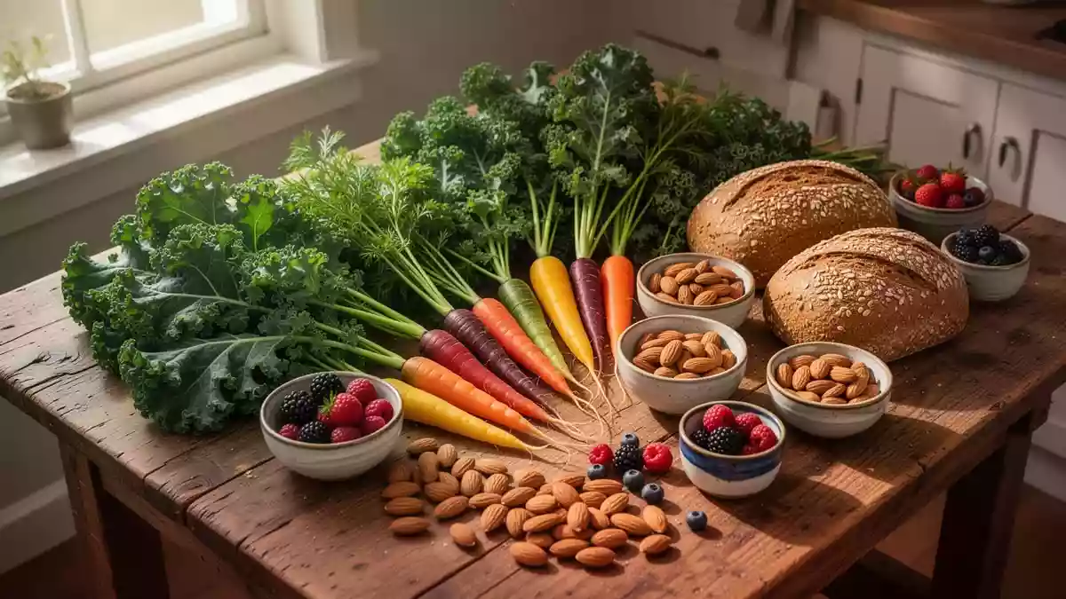 Frisches Gemüse, Beeren, Vollkornbrot und Nüsse auf einem Holztisch als Symbol für eine herzgesunde Ernährung. Illustration mit AI erstellt.