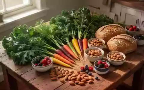 Frisches Gemüse, Beeren, Vollkornbrot und Nüsse auf einem Holztisch als Symbol für eine herzgesunde Ernährung. - Foto: über boerse-global.de