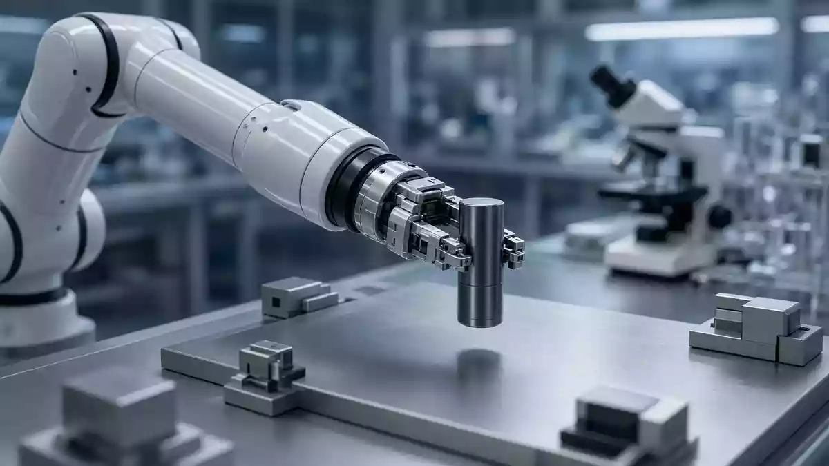 Ein Roboterarm in einem modernen Labor bei der Arbeit an einem fortschrittlichen Batteriezellen-Prototyp. Illustration mit AI erstellt.