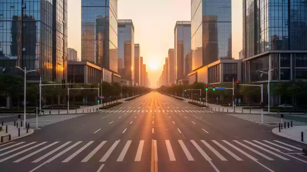 Eine moderne, leere Straßenkreuzung in Guangzhou während der goldenen Stunde mit zeitgenössischen Glasgebäuden im Hintergrund. Illustration mit AI erstellt.